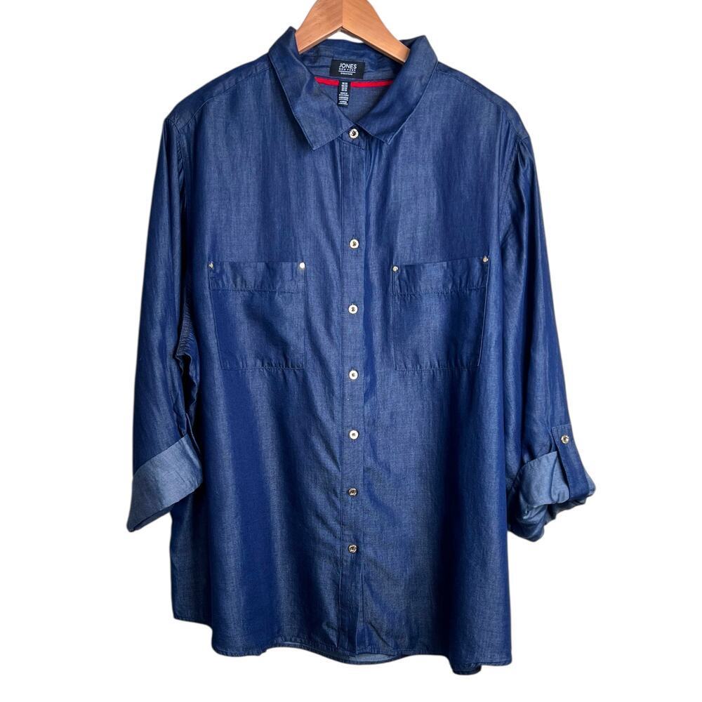 JNY Blue Chambray Long-sleeve Button-down Shirt in Dark Wash Women's 3X
